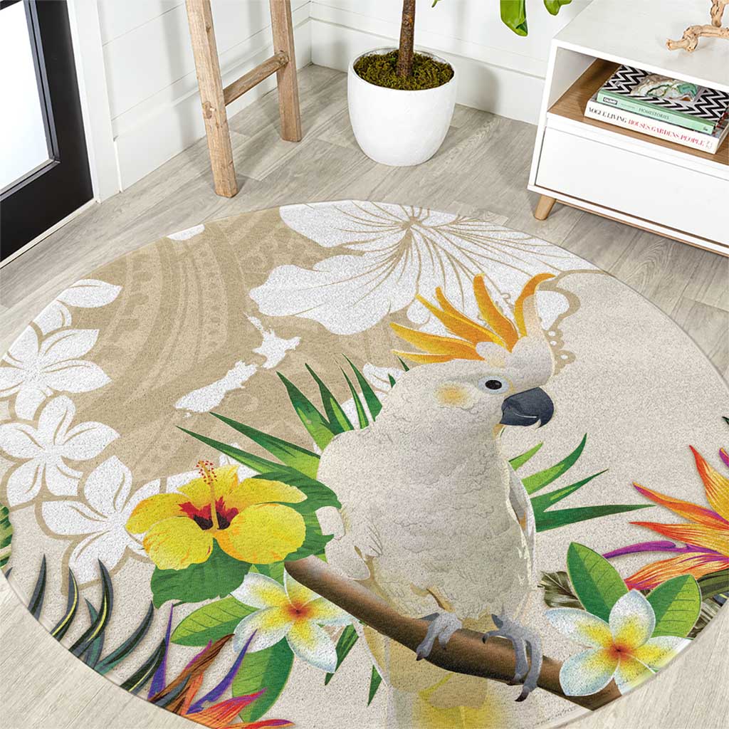 New Zealand Cacatua Galerita Round Carpet Aotearoa Cockatoo Tropical Flowers