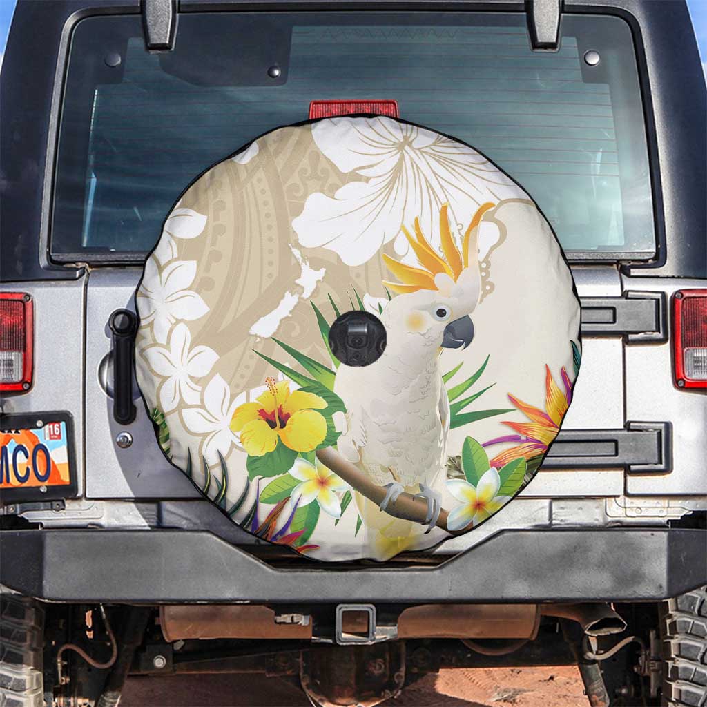 New Zealand Cacatua Galerita Spare Tire Cover Aotearoa Cockatoo Tropical Flowers