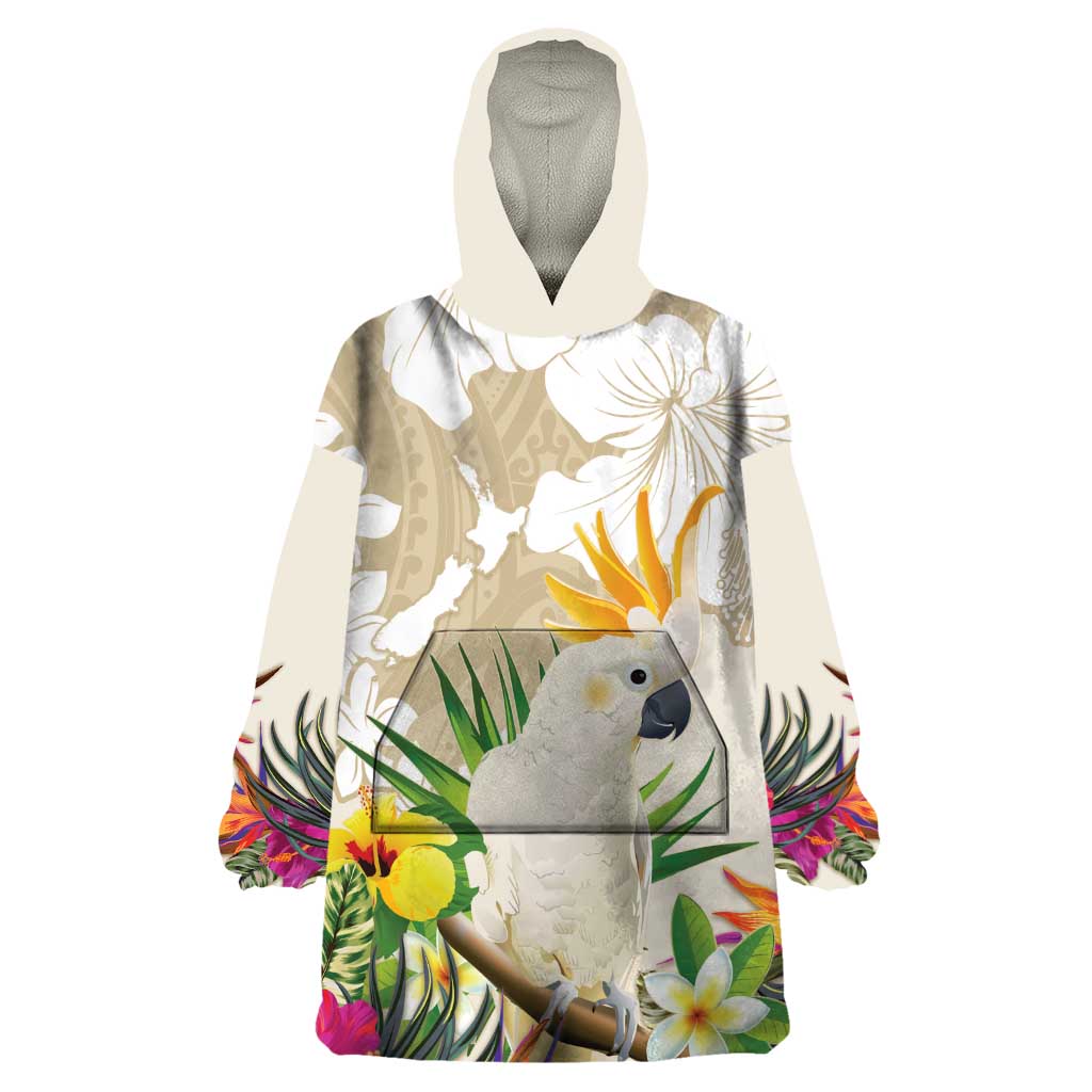 New Zealand Cacatua Galerita Wearable Blanket Hoodie Aotearoa Cockatoo Tropical Flowers LT14 One Size Beige - Polynesian Pride