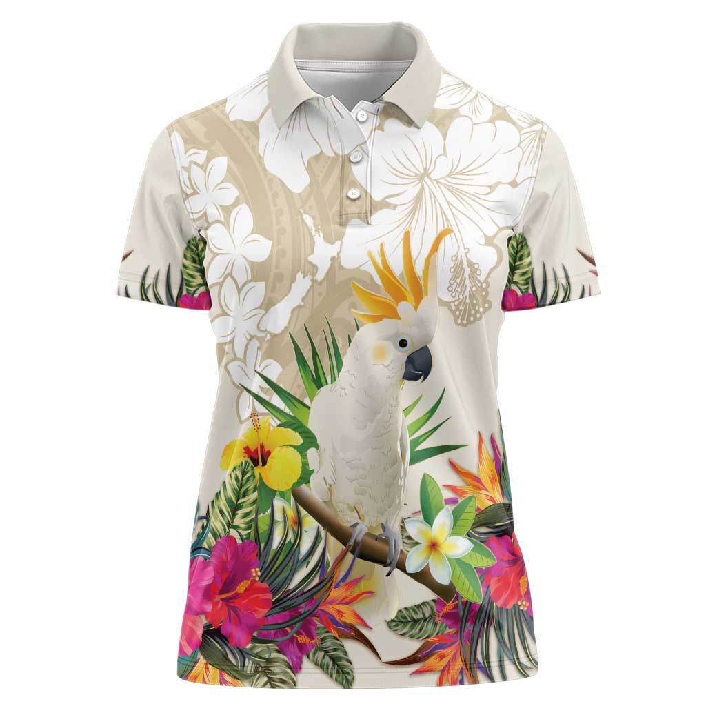 New Zealand Cacatua Galerita Women Polo Shirt Aotearoa Cockatoo Tropical Flowers