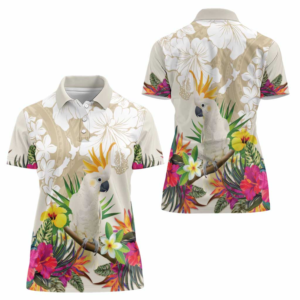 New Zealand Cacatua Galerita Women Polo Shirt Aotearoa Cockatoo Tropical Flowers