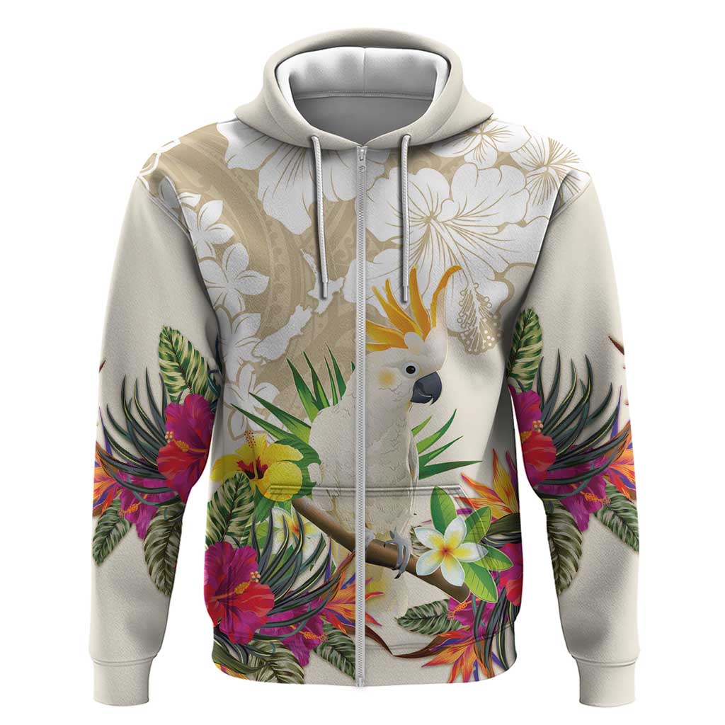 New Zealand Cacatua Galerita Zip Hoodie Aotearoa Cockatoo Tropical Flowers