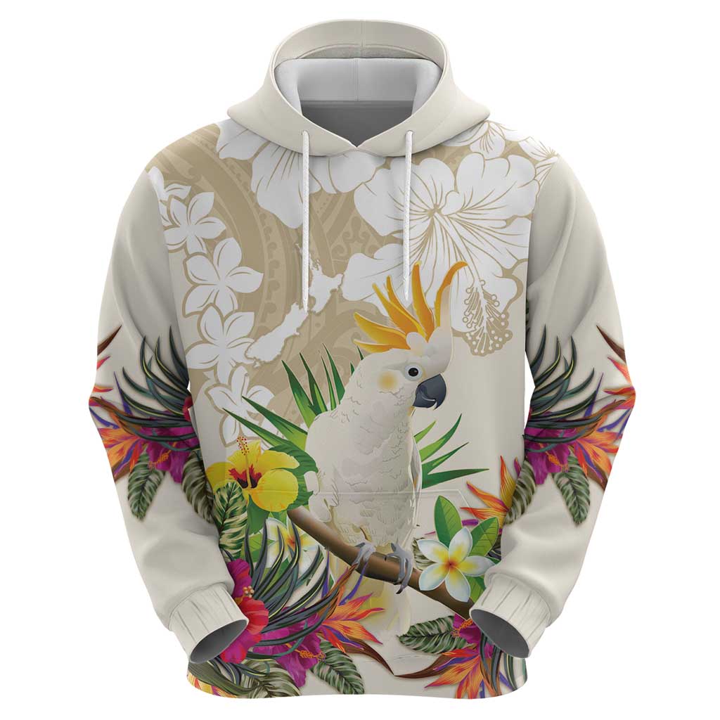 New Zealand Cacatua Galerita Zip Hoodie Aotearoa Cockatoo Tropical Flowers