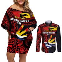 Personalised Kiribati Human Rights Day Couples Matching Off Shoulder Short Dress and Long Sleeve Button Shirt Coat Of Arms With Polynesian Tropical Flowers LT14 Black - Polynesian Pride