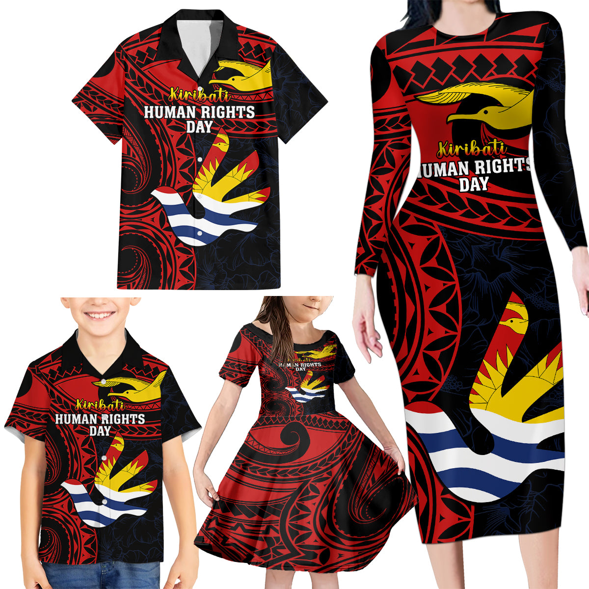 Personalised Kiribati Human Rights Day Family Matching Long Sleeve Bodycon Dress and Hawaiian Shirt Coat Of Arms With Polynesian Tropical Flowers LT14 - Polynesian Pride