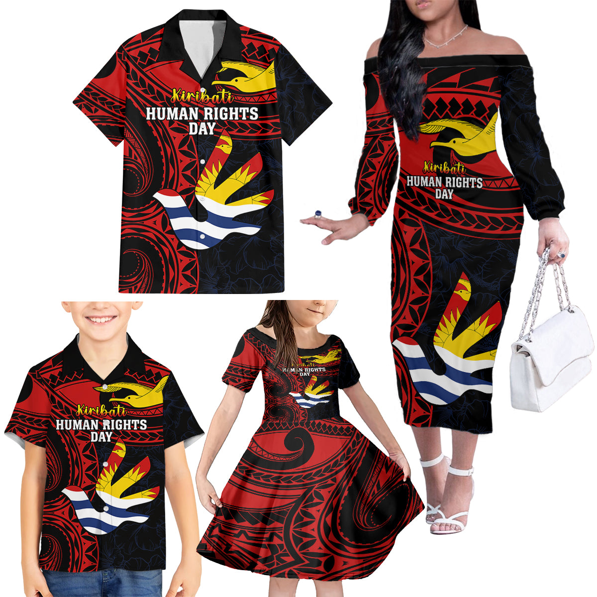 Personalised Kiribati Human Rights Day Family Matching Off Shoulder Long Sleeve Dress and Hawaiian Shirt Coat Of Arms With Polynesian Tropical Flowers LT14 - Polynesian Pride