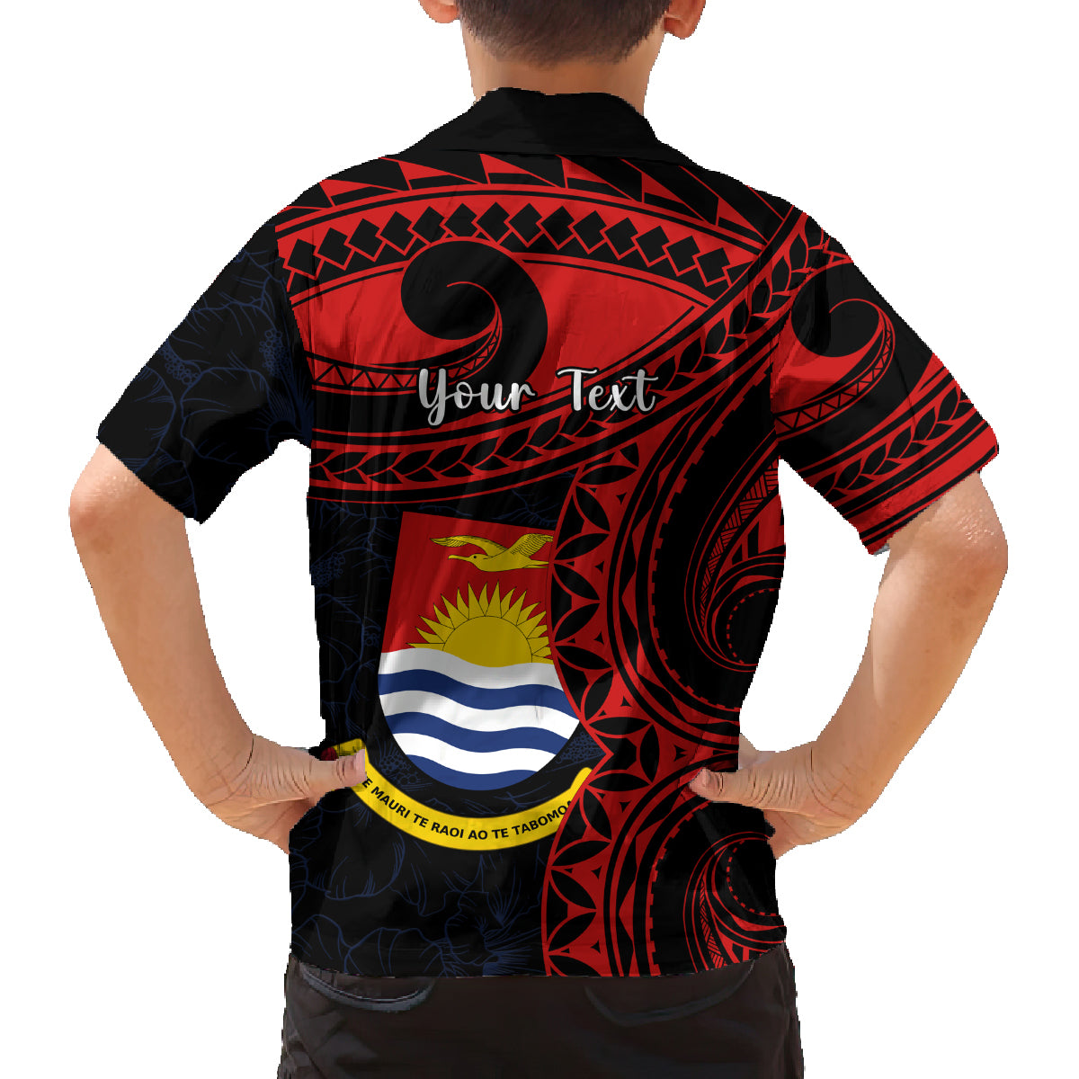 Personalised Kiribati Human Rights Day Family Matching Off Shoulder Short Dress and Hawaiian Shirt Coat Of Arms With Polynesian Tropical Flowers LT14 - Polynesian Pride