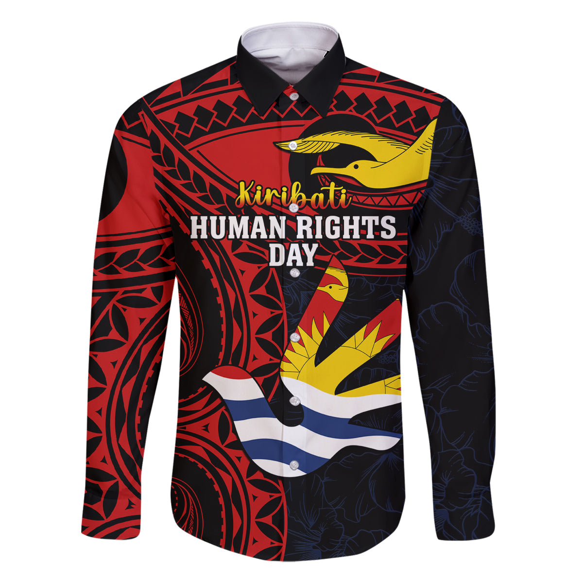 Personalised Kiribati Human Rights Day Family Matching Off Shoulder Short Dress and Hawaiian Shirt Coat Of Arms With Polynesian Tropical Flowers LT14 Dad's Shirt - Long Sleeve Black - Polynesian Pride
