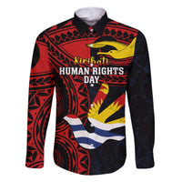 Personalised Kiribati Human Rights Day Family Matching Off Shoulder Short Dress and Hawaiian Shirt Coat Of Arms With Polynesian Tropical Flowers LT14 Dad's Shirt - Long Sleeve Black - Polynesian Pride