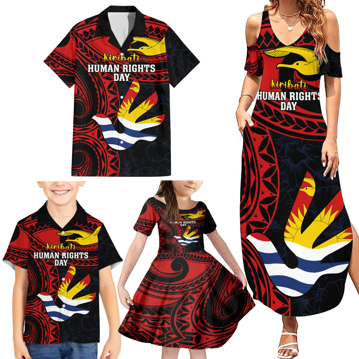 Personalised Kiribati Human Rights Day Family Matching Summer Maxi Dress and Hawaiian Shirt Coat Of Arms With Polynesian Tropical Flowers LT14 - Polynesian Pride