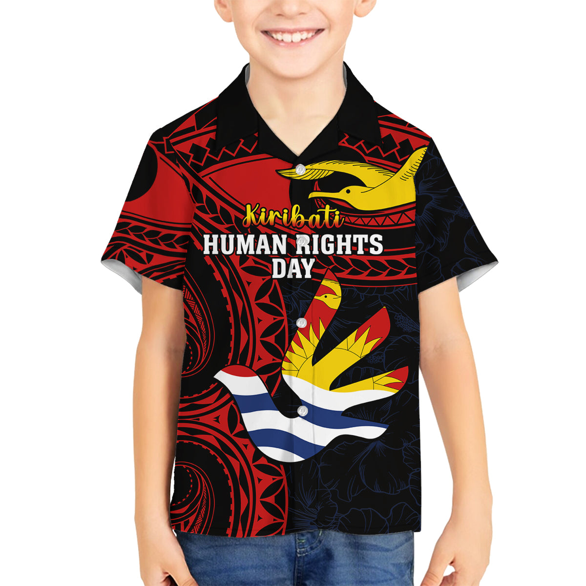Personalised Kiribati Human Rights Day Family Matching Summer Maxi Dress and Hawaiian Shirt Coat Of Arms With Polynesian Tropical Flowers LT14 Son's Shirt Black - Polynesian Pride