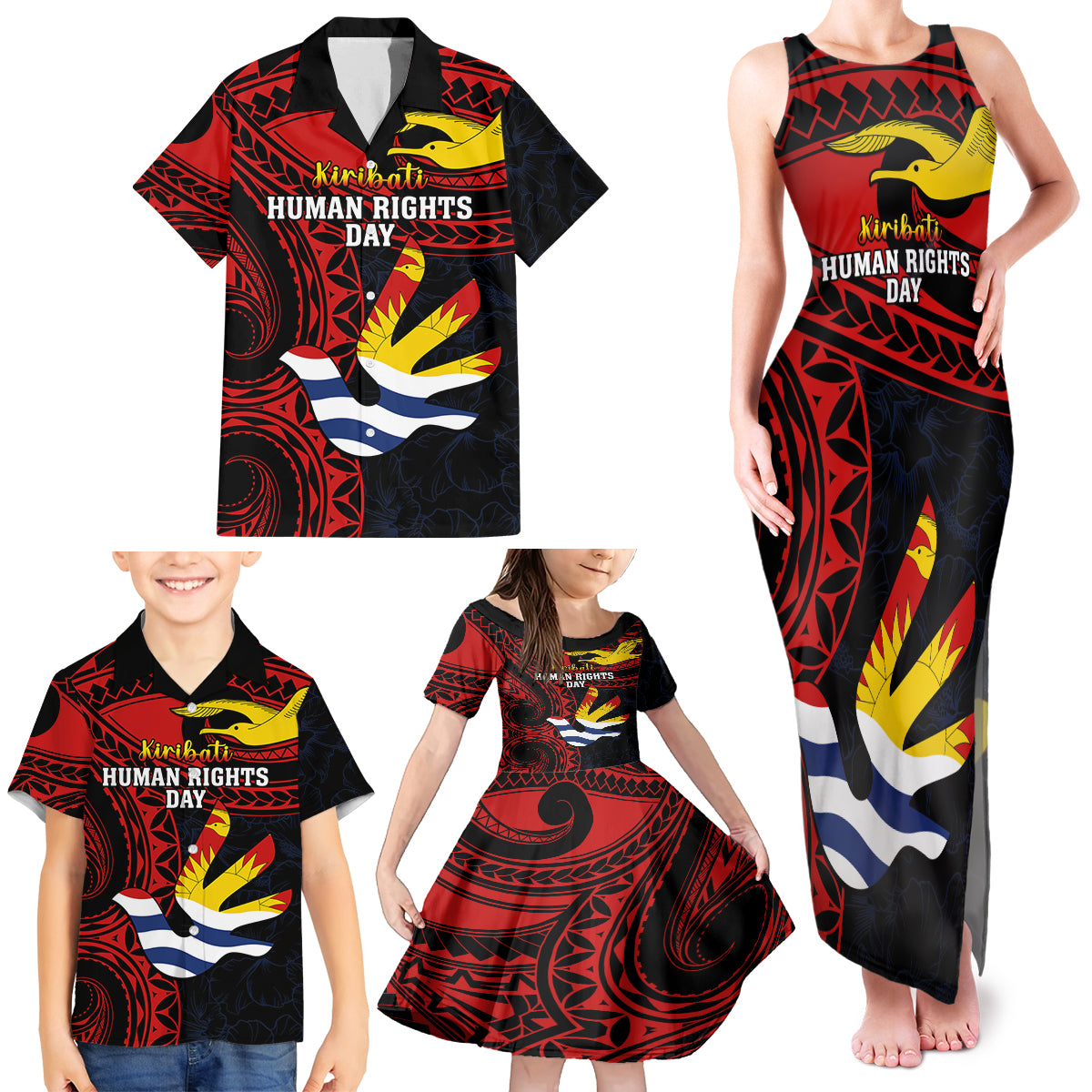 Personalised Kiribati Human Rights Day Family Matching Tank Maxi Dress and Hawaiian Shirt Coat Of Arms With Polynesian Tropical Flowers LT14 - Polynesian Pride