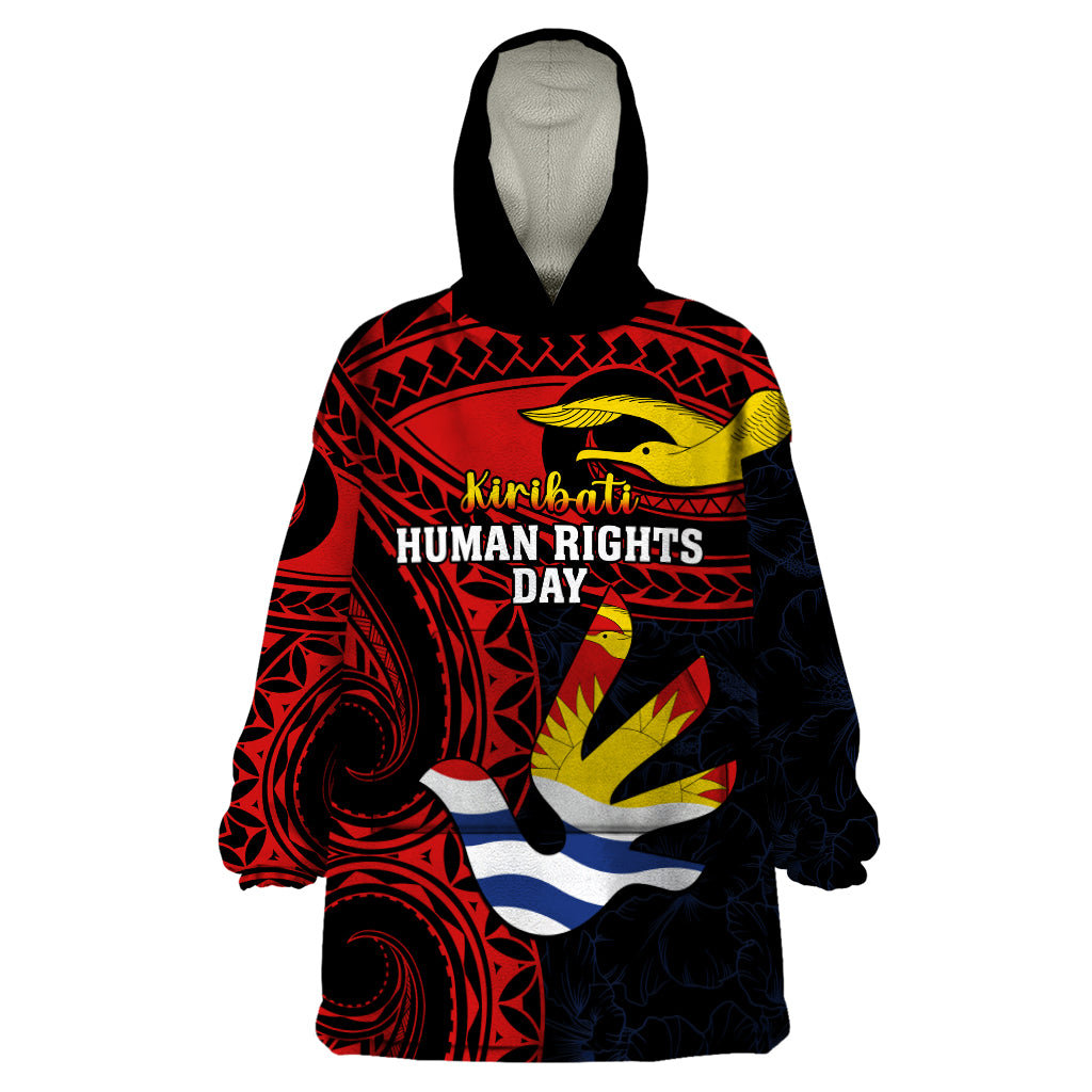 Personalised Kiribati Human Rights Day Wearable Blanket Hoodie Coat Of Arms With Polynesian Tropical Flowers LT14 One Size Black - Polynesian Pride