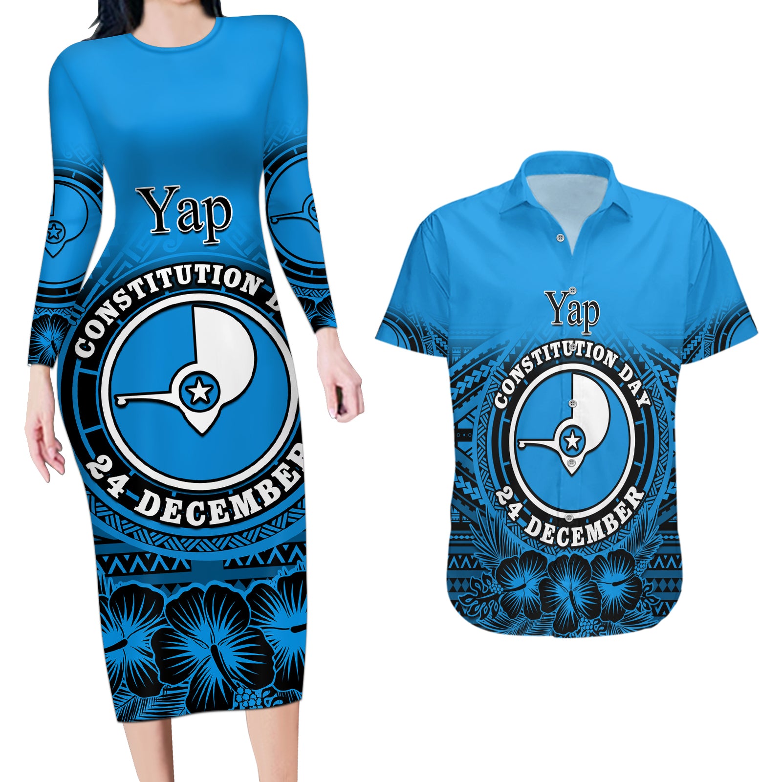 Personalised Yap Constitution Day Couples Matching Long Sleeve Bodycon Dress and Hawaiian Shirt FSM Seal Happy 24 December LT14 Blue - Polynesian Pride