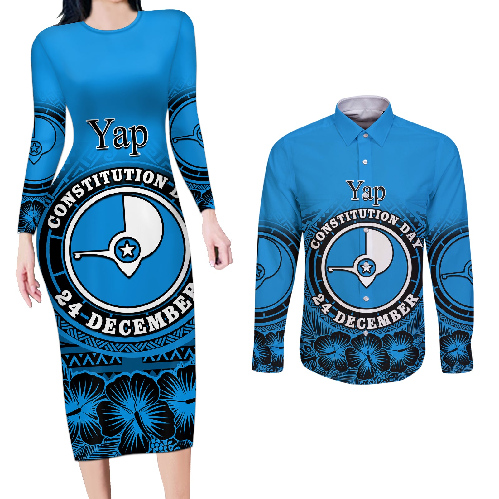 Personalised Yap Constitution Day Couples Matching Long Sleeve Bodycon Dress and Long Sleeve Button Shirt FSM Seal Happy 24 December LT14 Blue - Polynesian Pride