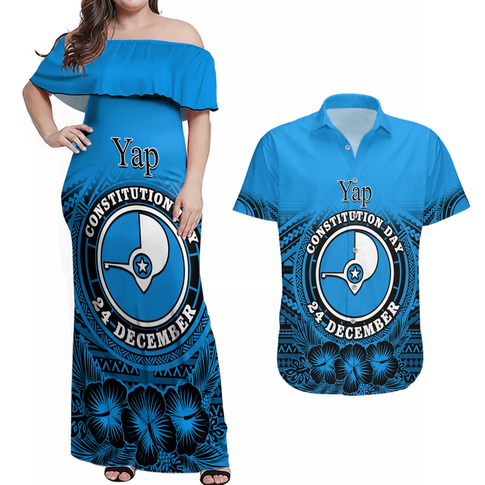 Personalised Yap Constitution Day Couples Matching Off Shoulder Maxi Dress and Hawaiian Shirt FSM Seal Happy 24 December LT14 Blue - Polynesian Pride