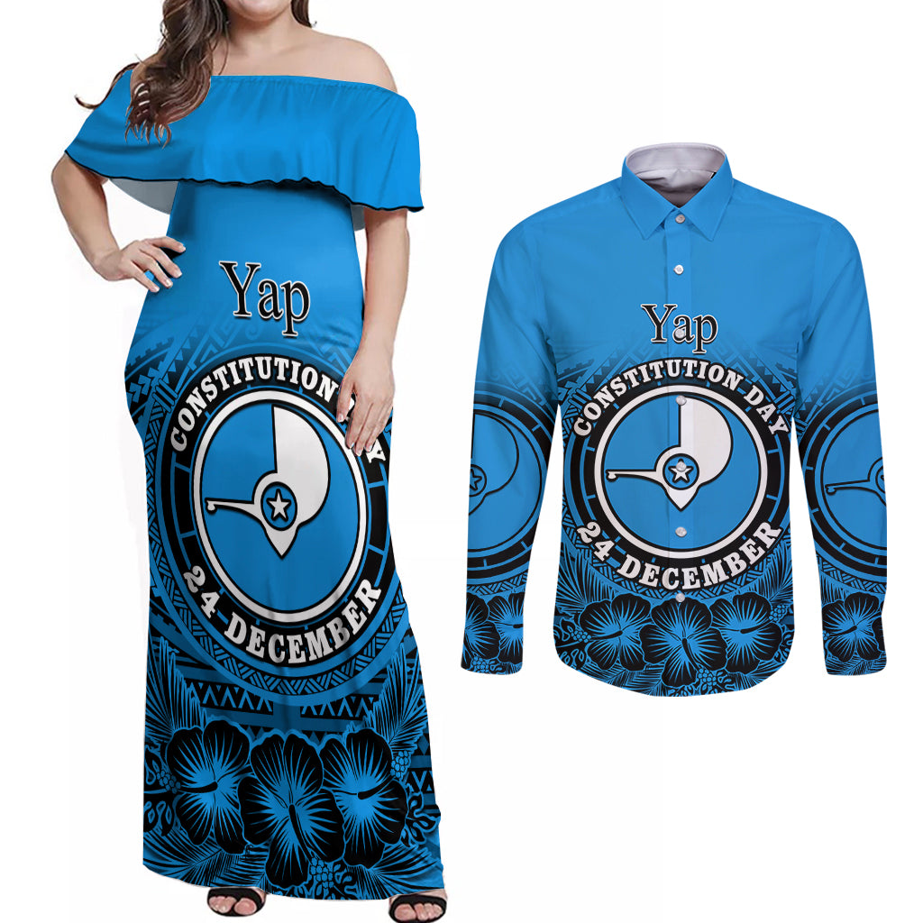 Personalised Yap Constitution Day Couples Matching Off Shoulder Maxi Dress and Long Sleeve Button Shirt FSM Seal Happy 24 December LT14 Blue - Polynesian Pride