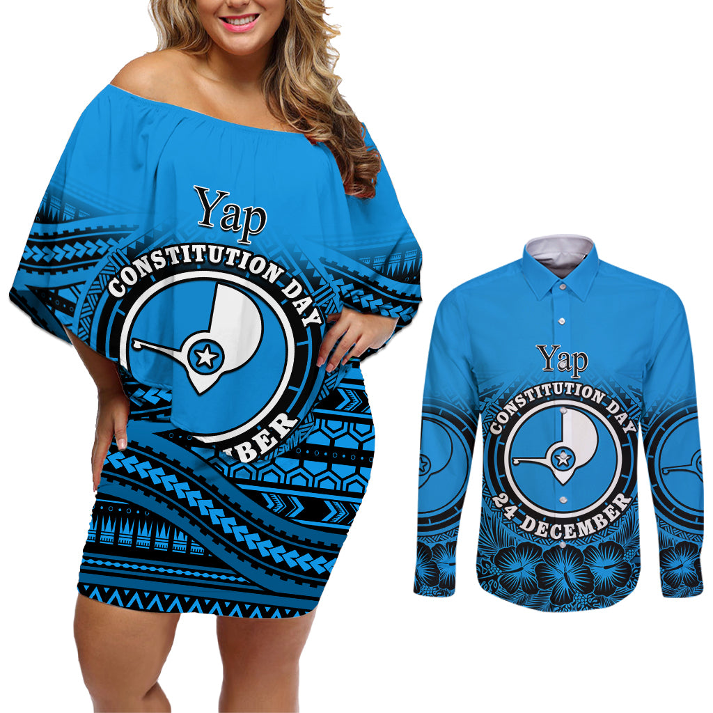 Personalised Yap Constitution Day Couples Matching Off Shoulder Short Dress and Long Sleeve Button Shirt FSM Seal Happy 24 December LT14 Blue - Polynesian Pride