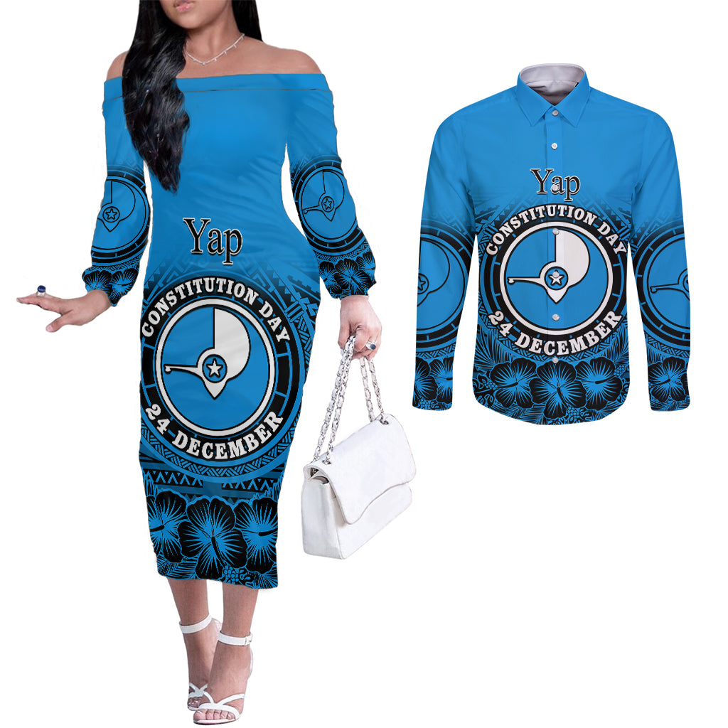 Personalised Yap Constitution Day Couples Matching Off The Shoulder Long Sleeve Dress and Long Sleeve Button Shirt FSM Seal Happy 24 December LT14 Blue - Polynesian Pride