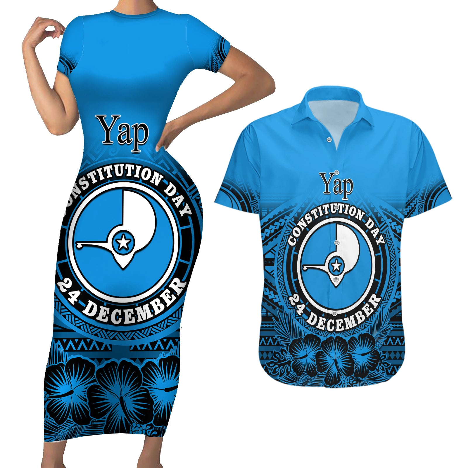 Personalised Yap Constitution Day Couples Matching Short Sleeve Bodycon Dress and Hawaiian Shirt FSM Seal Happy 24 December LT14 Blue - Polynesian Pride