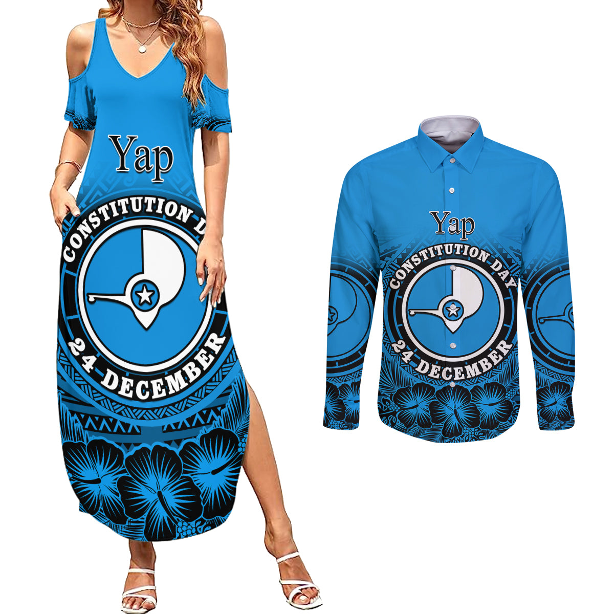 Personalised Yap Constitution Day Couples Matching Summer Maxi Dress and Long Sleeve Button Shirt FSM Seal Happy 24 December LT14 Blue - Polynesian Pride