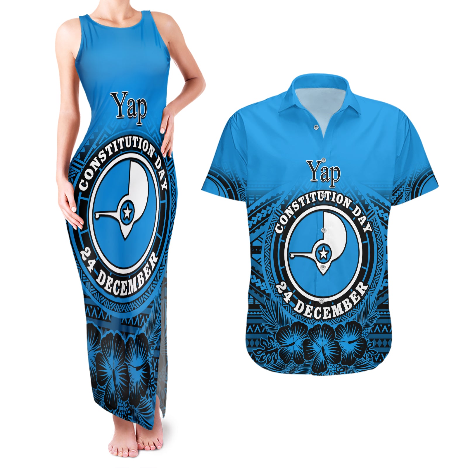 Personalised Yap Constitution Day Couples Matching Tank Maxi Dress and Hawaiian Shirt FSM Seal Happy 24 December LT14 Blue - Polynesian Pride