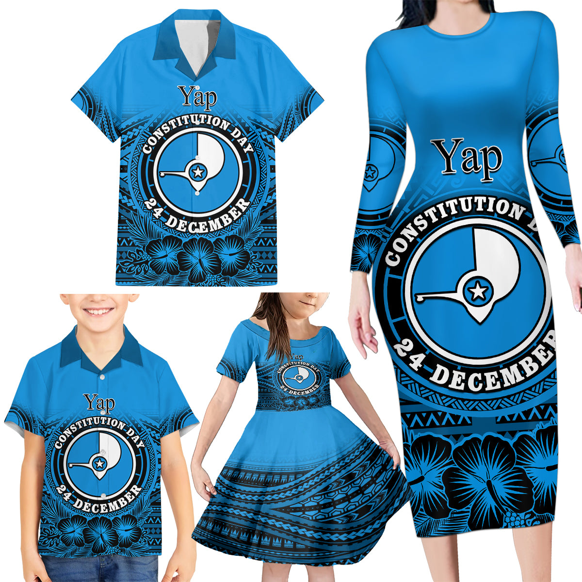 Personalised Yap Constitution Day Family Matching Long Sleeve Bodycon Dress and Hawaiian Shirt FSM Seal Happy 24 December LT14 - Polynesian Pride