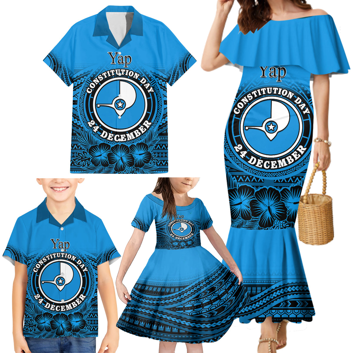 Personalised Yap Constitution Day Family Matching Mermaid Dress and Hawaiian Shirt FSM Seal Happy 24 December LT14 - Polynesian Pride