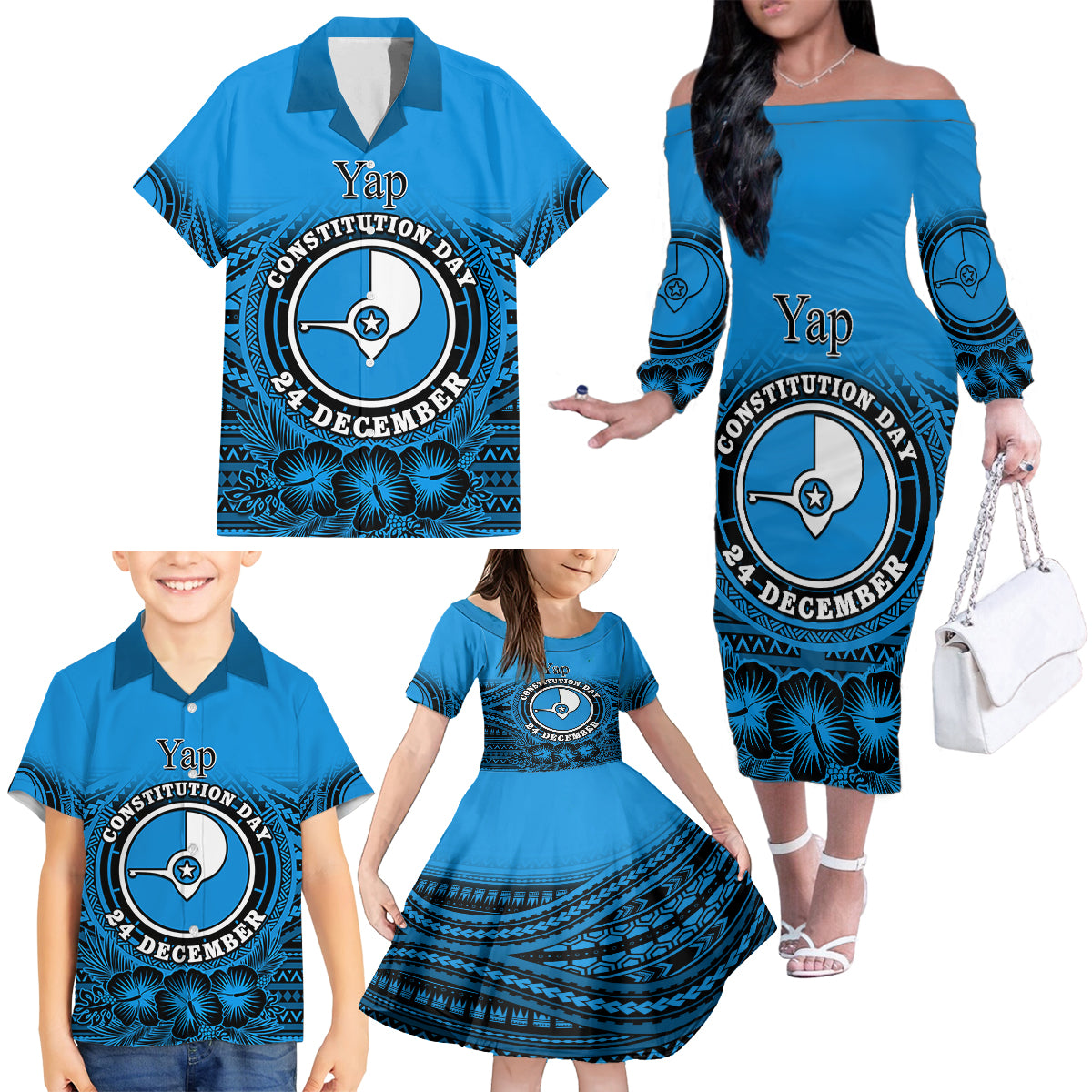 Personalised Yap Constitution Day Family Matching Off Shoulder Long Sleeve Dress and Hawaiian Shirt FSM Seal Happy 24 December LT14 - Polynesian Pride