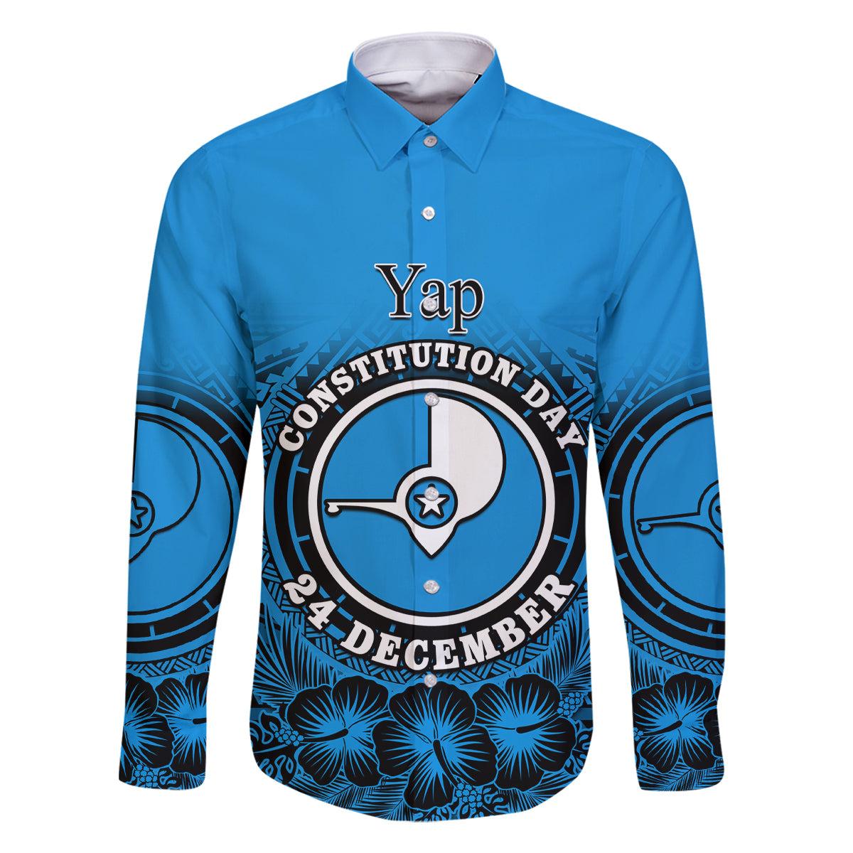 Personalised Yap Constitution Day Family Matching Off Shoulder Maxi Dress and Hawaiian Shirt FSM Seal Happy 24 December LT14 Dad's Shirt - Long Sleeve Blue - Polynesian Pride