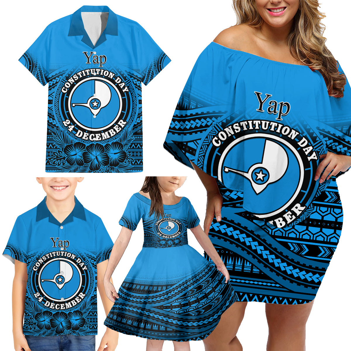 Personalised Yap Constitution Day Family Matching Off Shoulder Short Dress and Hawaiian Shirt FSM Seal Happy 24 December LT14 - Polynesian Pride