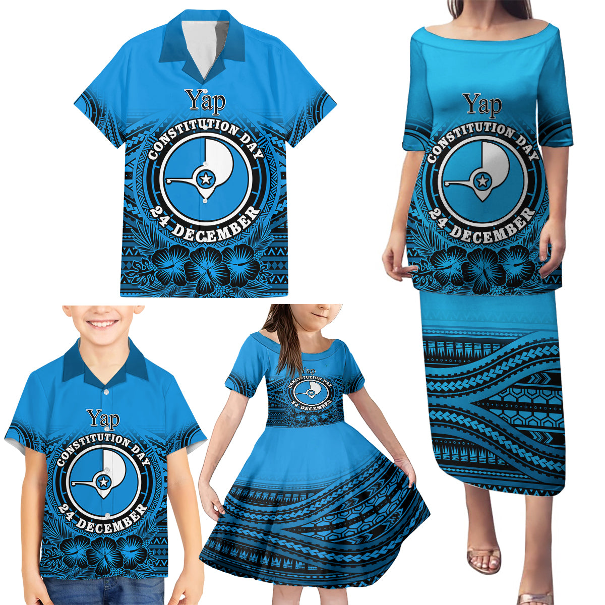 Personalised Yap Constitution Day Family Matching Puletasi Dress and Hawaiian Shirt FSM Seal Happy 24 December LT14 - Polynesian Pride