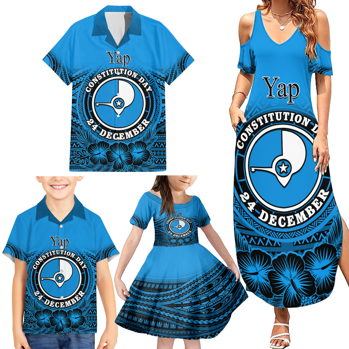 Personalised Yap Constitution Day Family Matching Summer Maxi Dress and Hawaiian Shirt FSM Seal Happy 24 December LT14 - Polynesian Pride