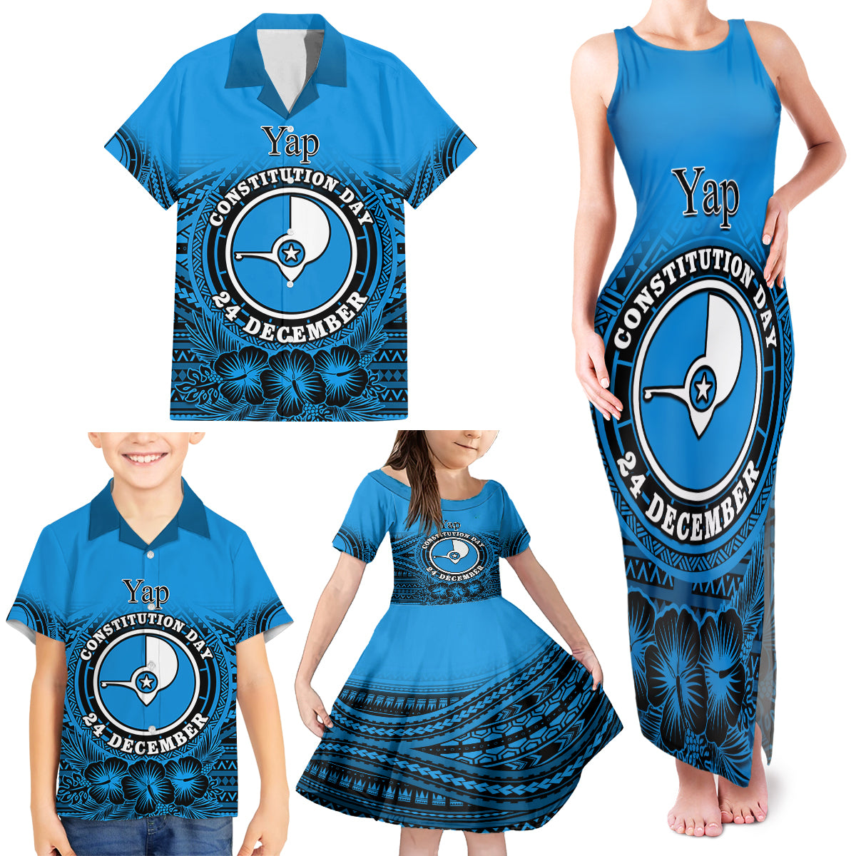 Personalised Yap Constitution Day Family Matching Tank Maxi Dress and Hawaiian Shirt FSM Seal Happy 24 December LT14 - Polynesian Pride