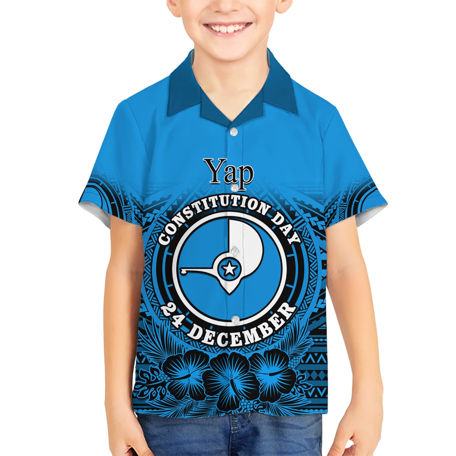 Personalised Yap Constitution Day Kid Hawaiian Shirt FSM Seal Happy 24 December LT14 Kid Blue - Polynesian Pride