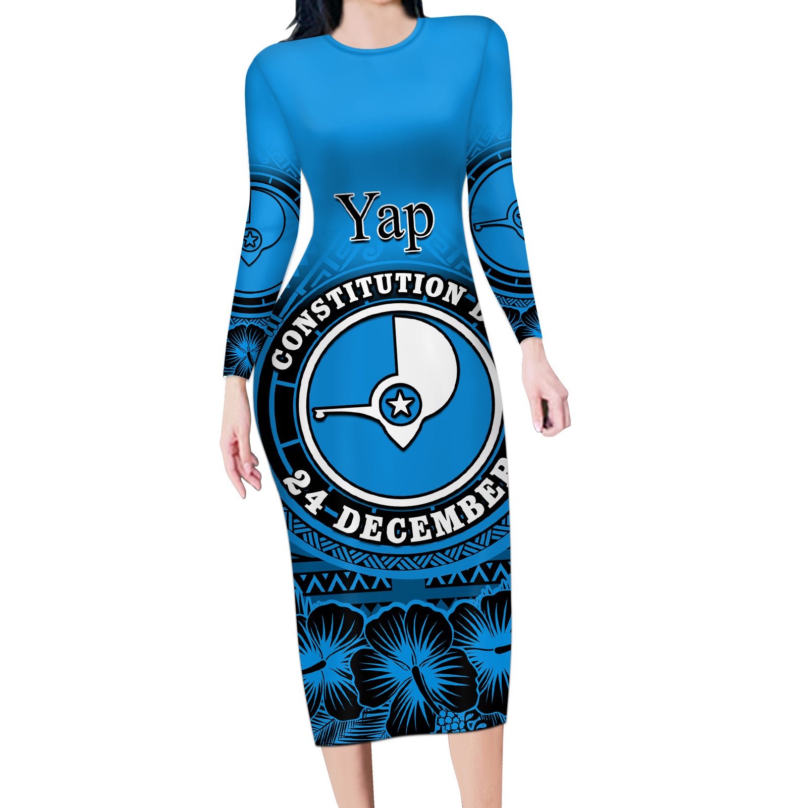 Personalised Yap Constitution Day Long Sleeve Bodycon Dress FSM Seal Happy 24 December LT14 Long Dress Blue - Polynesian Pride