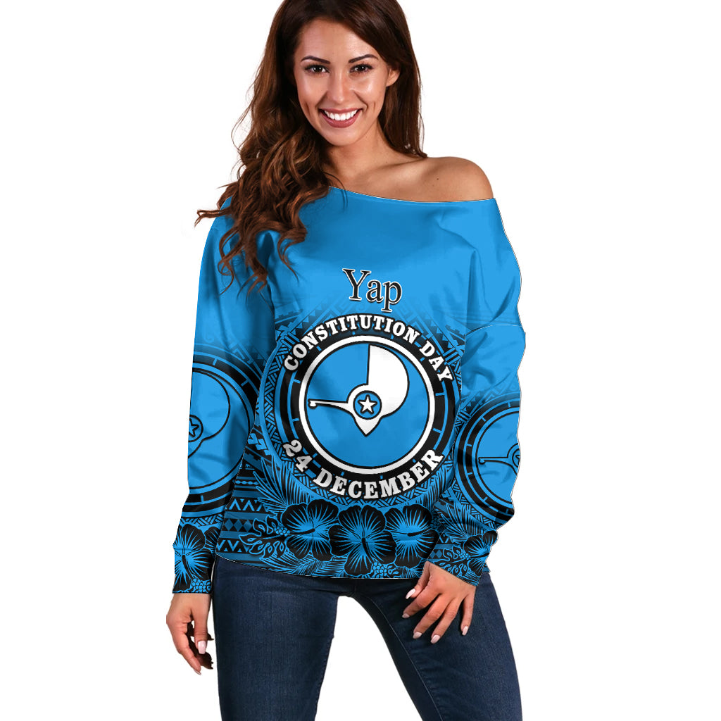 Personalised Yap Constitution Day Off Shoulder Sweater FSM Seal Happy 24 December LT14 Women Blue - Polynesian Pride