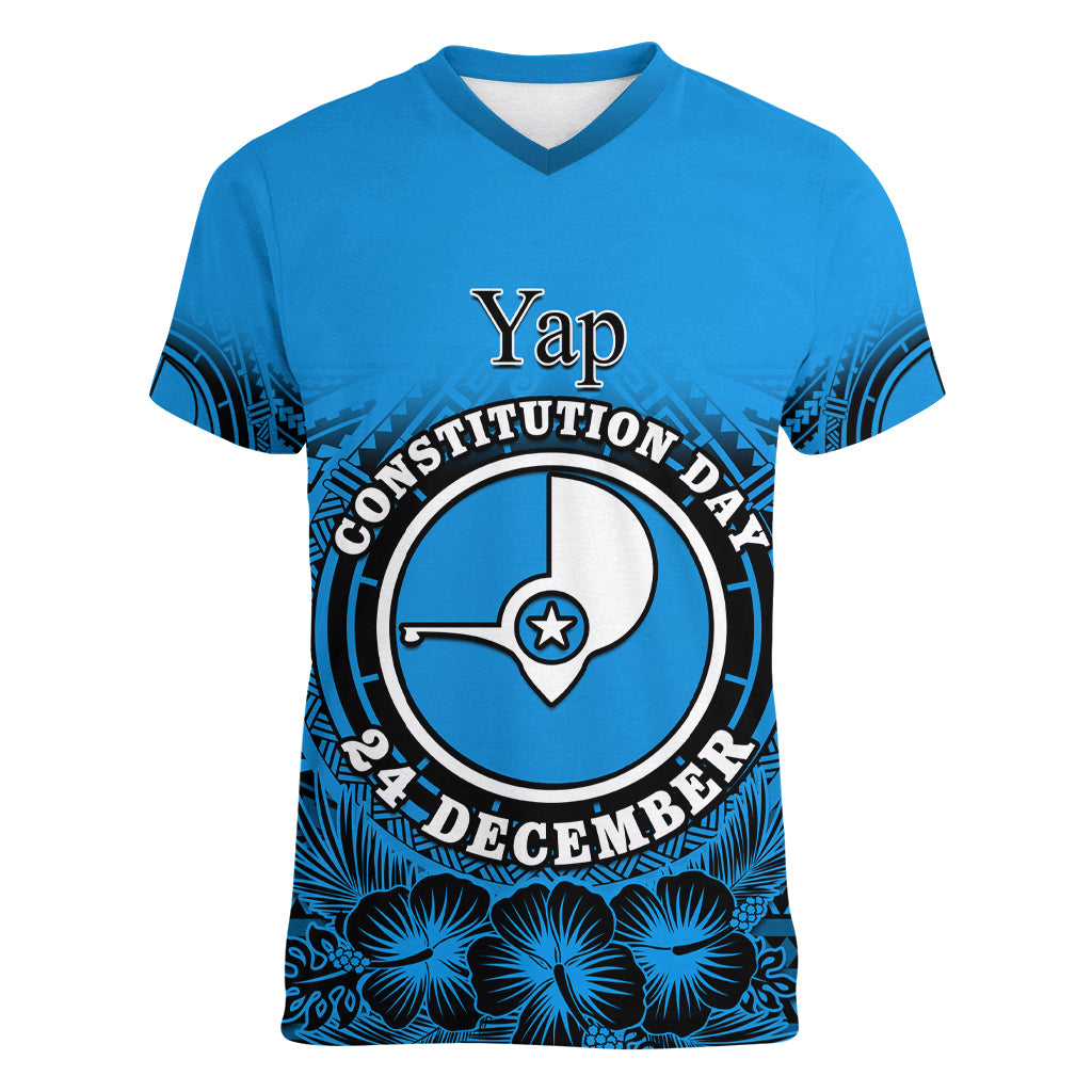 Personalised Yap Constitution Day Women V Neck T Shirt FSM Seal Happy 24 December LT14 Female Blue - Polynesian Pride