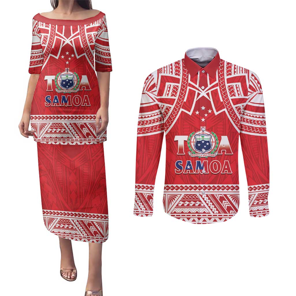 Samoa Rugby Custom Couples Matching Puletasi and Long Sleeve Button Shirt Toa Samoa Pacific Sporty Red - Polynesian Pride