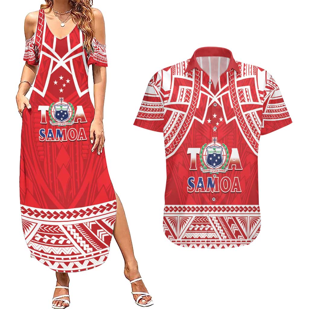 Samoa Rugby Custom Couples Matching Summer Maxi Dress and Hawaiian Shirt Toa Samoa Pacific Sporty Red - Polynesian Pride