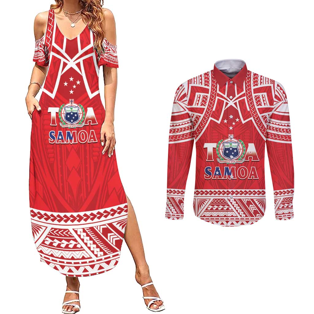 Samoa Rugby Custom Couples Matching Summer Maxi Dress and Long Sleeve Button Shirt Toa Samoa Pacific Sporty Red - Polynesian Pride