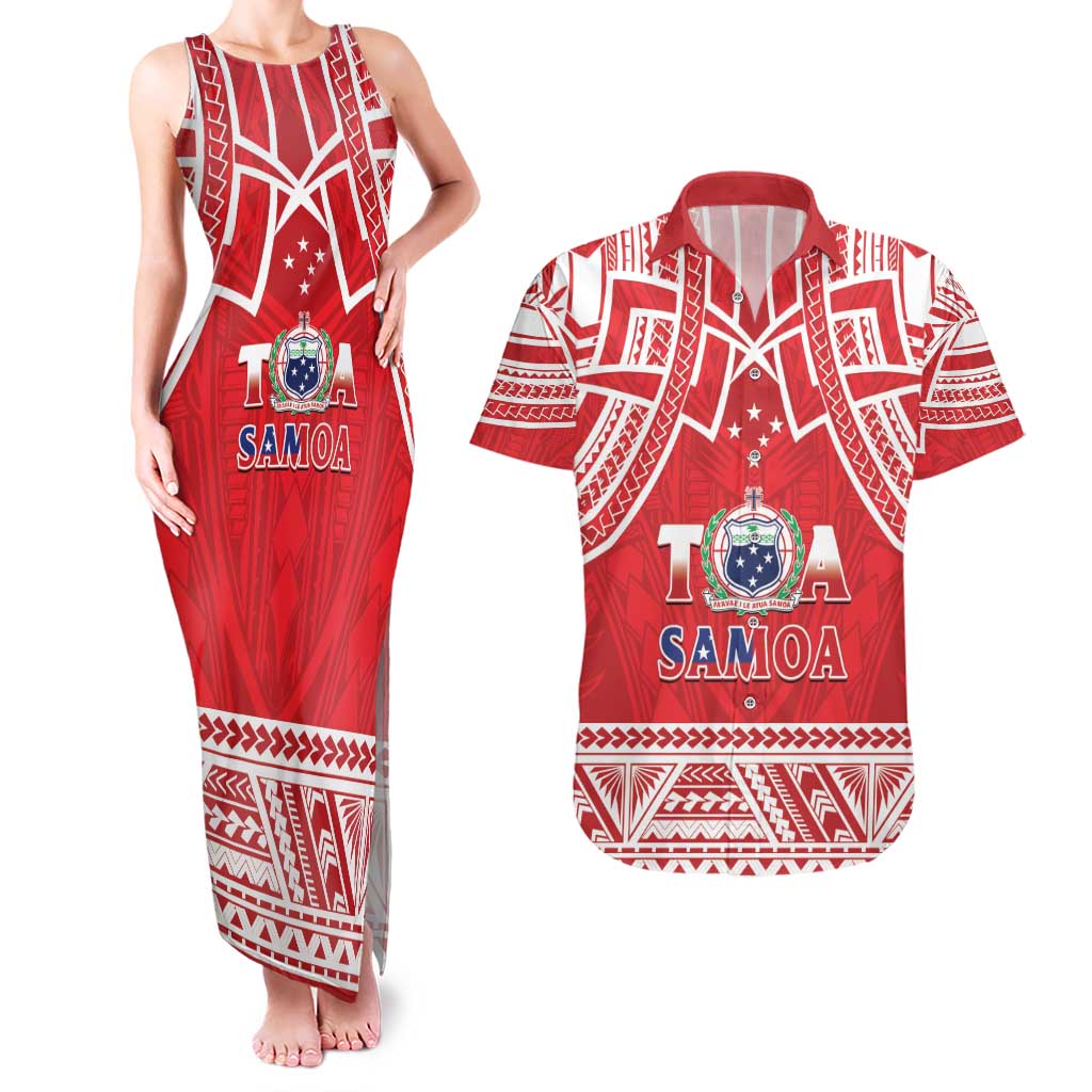 Samoa Rugby Custom Couples Matching Tank Maxi Dress and Hawaiian Shirt Toa Samoa Pacific Sporty Red - Polynesian Pride