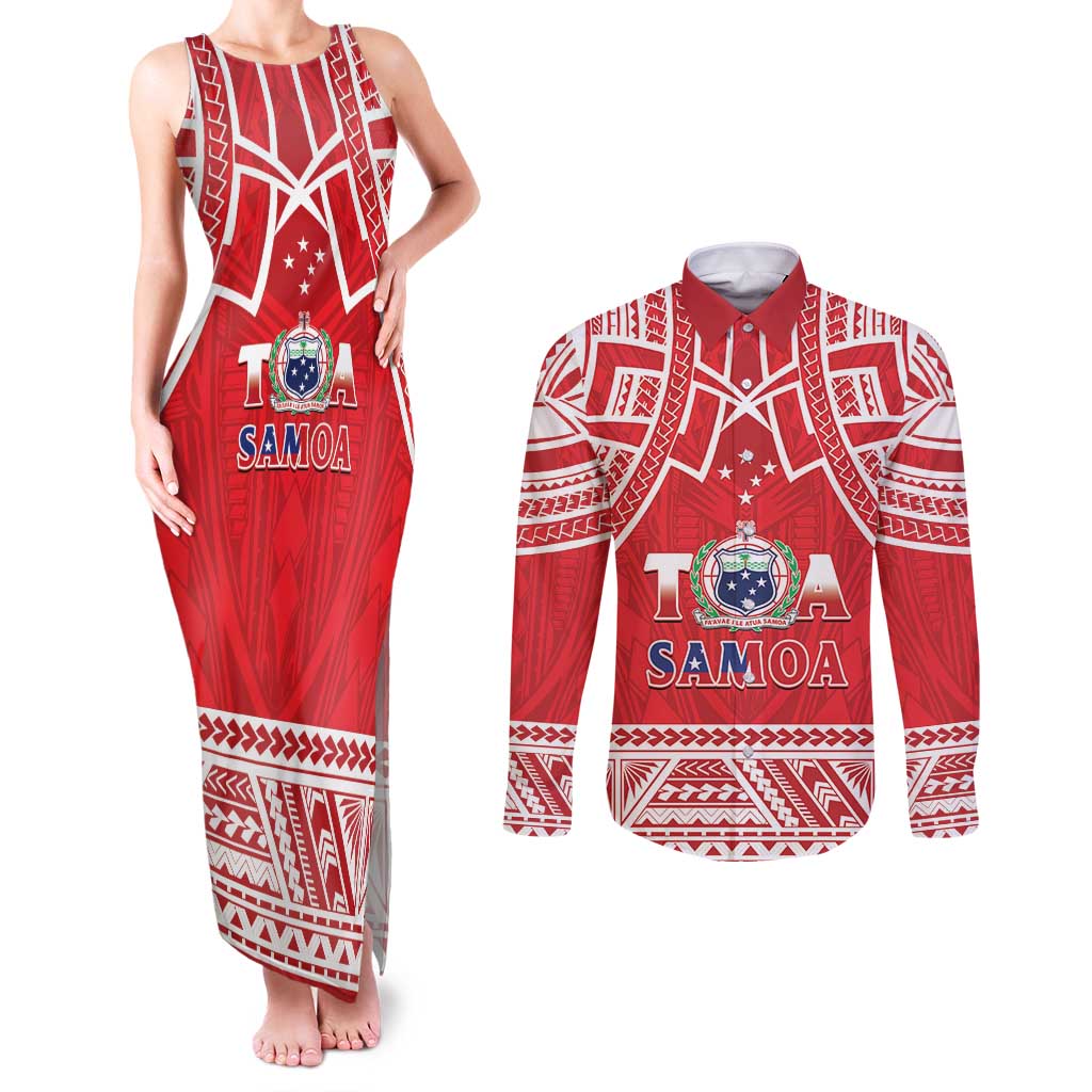 Samoa Rugby Custom Couples Matching Tank Maxi Dress and Long Sleeve Button Shirt Toa Samoa Pacific Sporty Red - Polynesian Pride