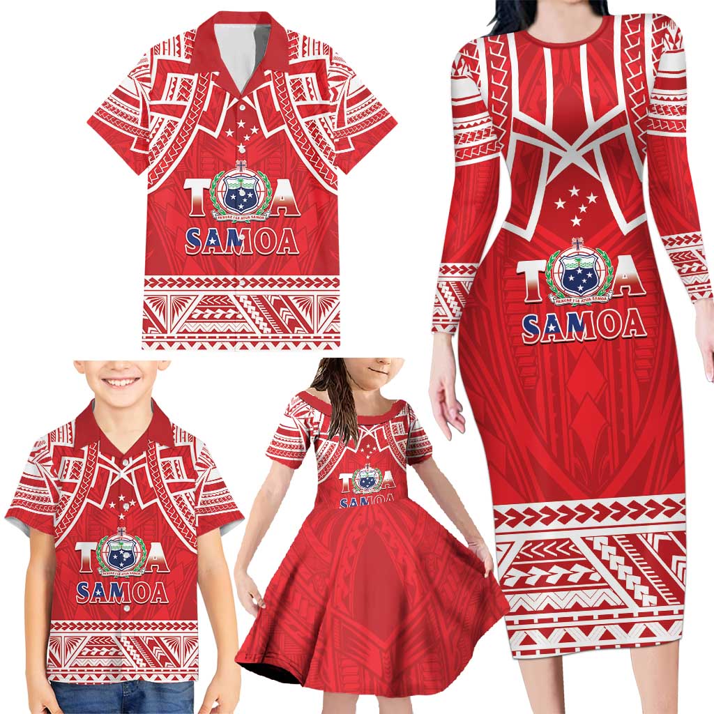 Samoa Rugby Custom Family Matching Long Sleeve Bodycon Dress and Hawaiian Shirt Toa Samoa Pacific Sporty Red - Polynesian Pride