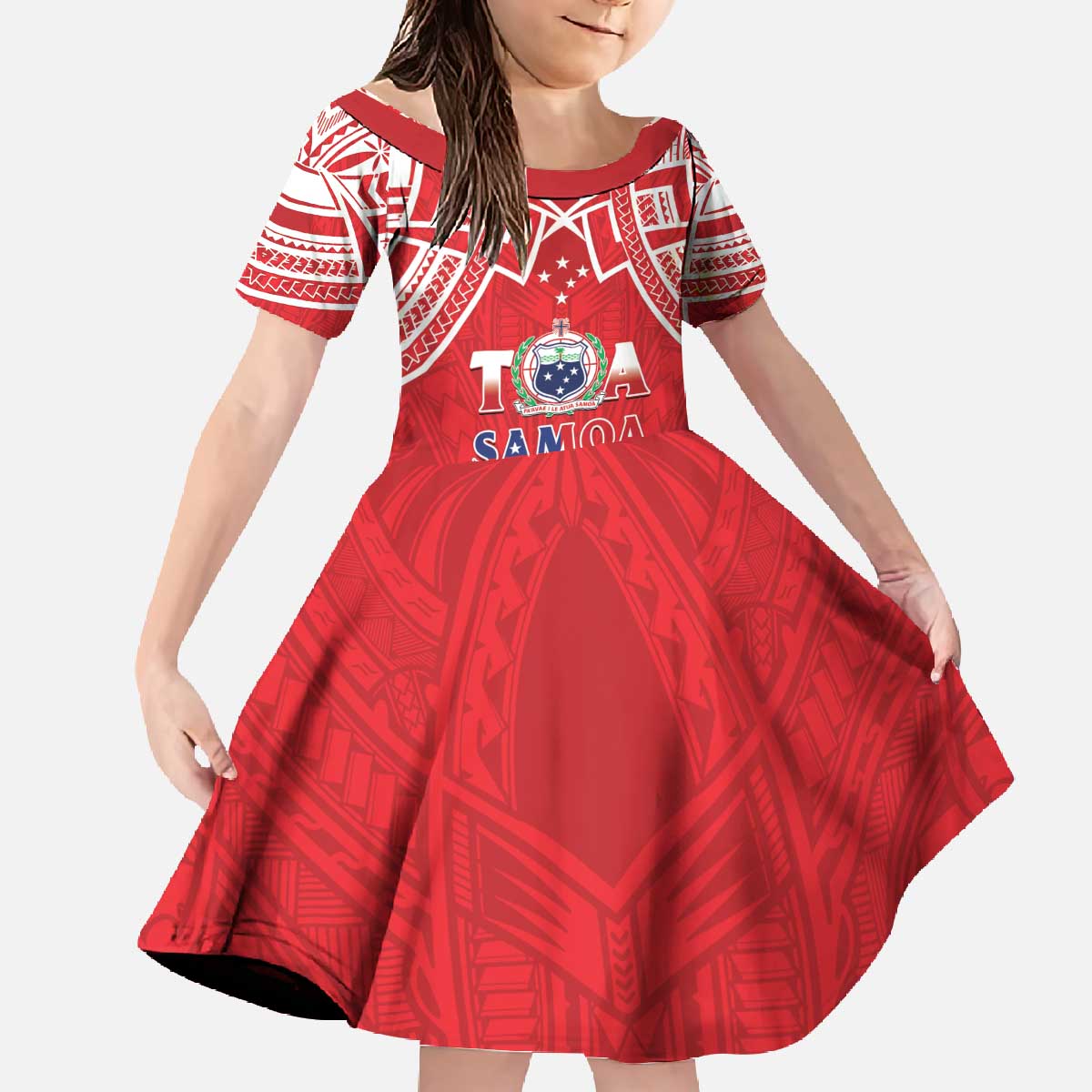 Samoa Rugby Custom Family Matching Off The Shoulder Long Sleeve Dress and Hawaiian Shirt Toa Samoa Pacific Sporty Red - Polynesian Pride