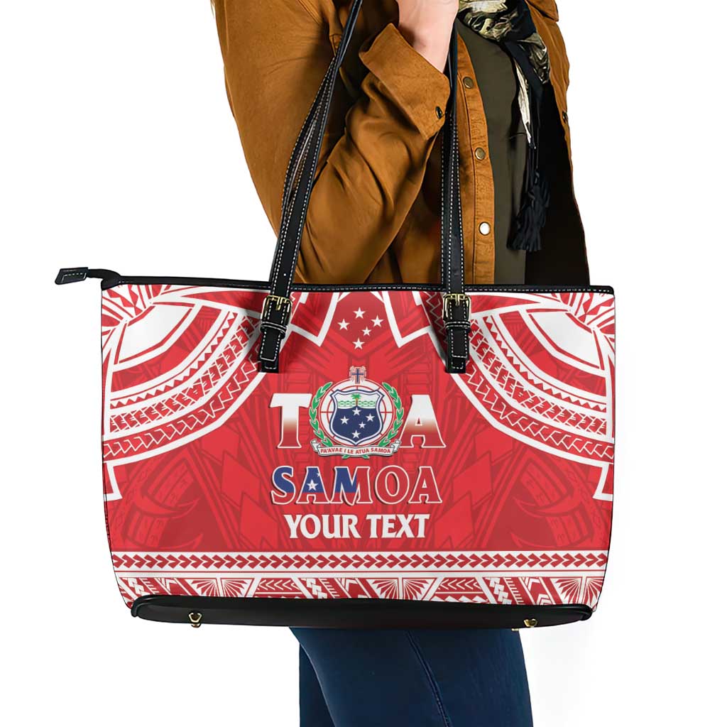 Samoa Rugby Custom Leather Tote Bag Toa Samoa Pacific Sporty Red - Polynesian Pride