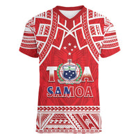 Samoa Rugby Custom Women V-Neck T-Shirt Toa Samoa Pacific Sporty Red - Polynesian Pride