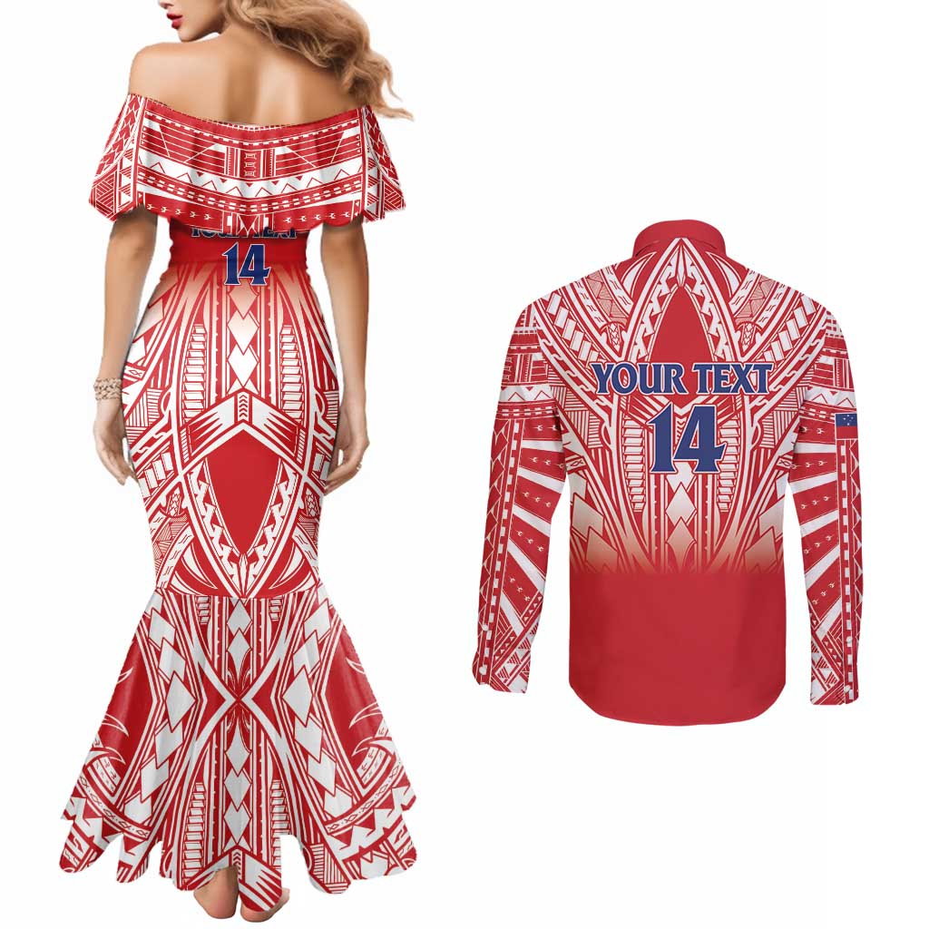 Toa Samoa Rugby Custom Couples Matching Mermaid Dress and Long Sleeve Button Shirt Samoa mo Samoa Polynesian Pacific Red - Polynesian Pride