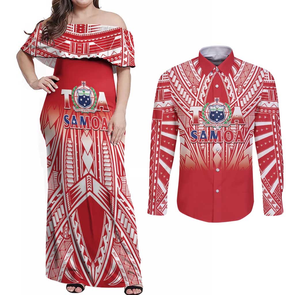 Toa Samoa Rugby Custom Couples Matching Off Shoulder Maxi Dress and Long Sleeve Button Shirt Samoa mo Samoa Polynesian Pacific Red - Polynesian Pride