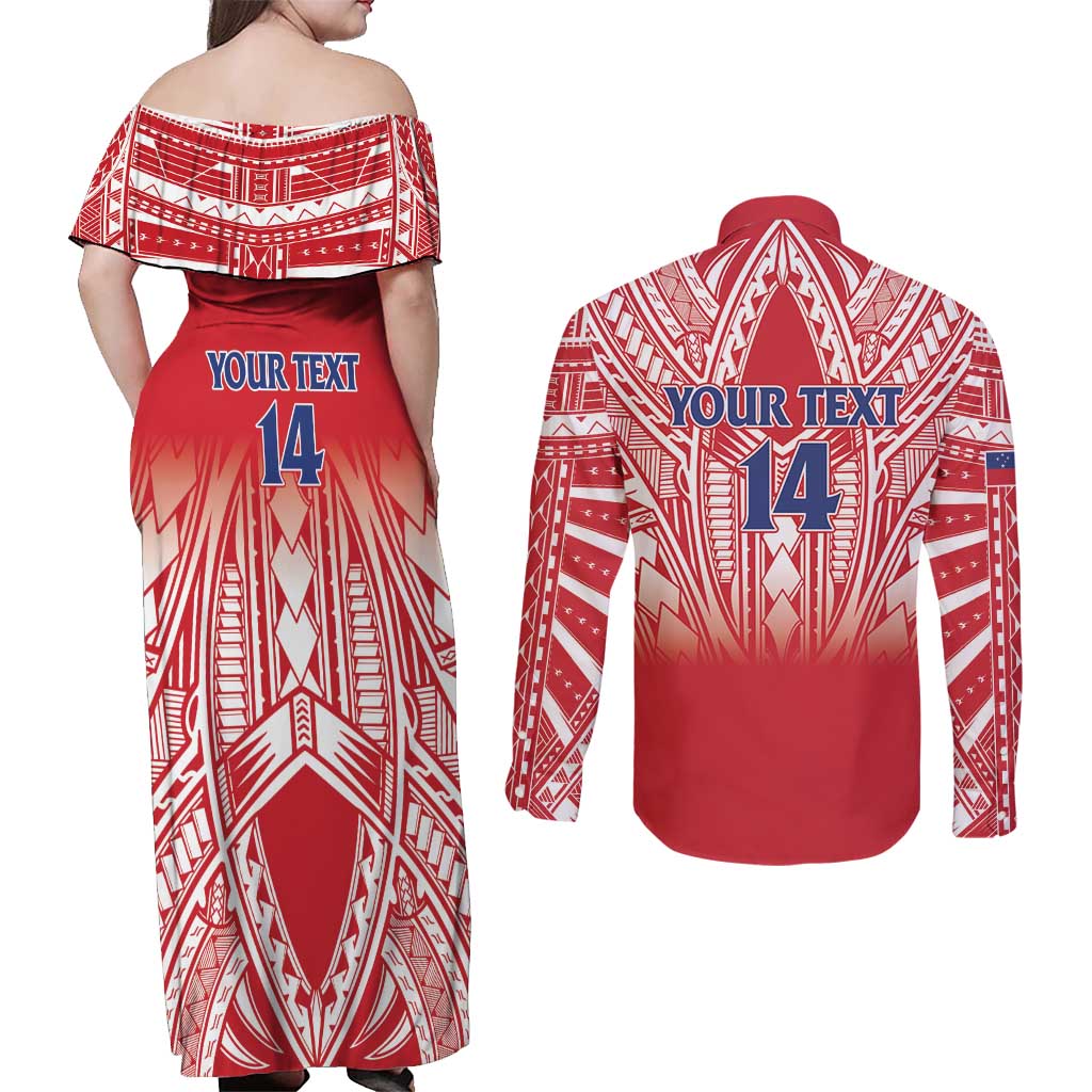 Toa Samoa Rugby Custom Couples Matching Off Shoulder Maxi Dress and Long Sleeve Button Shirt Samoa mo Samoa Polynesian Pacific Red - Polynesian Pride